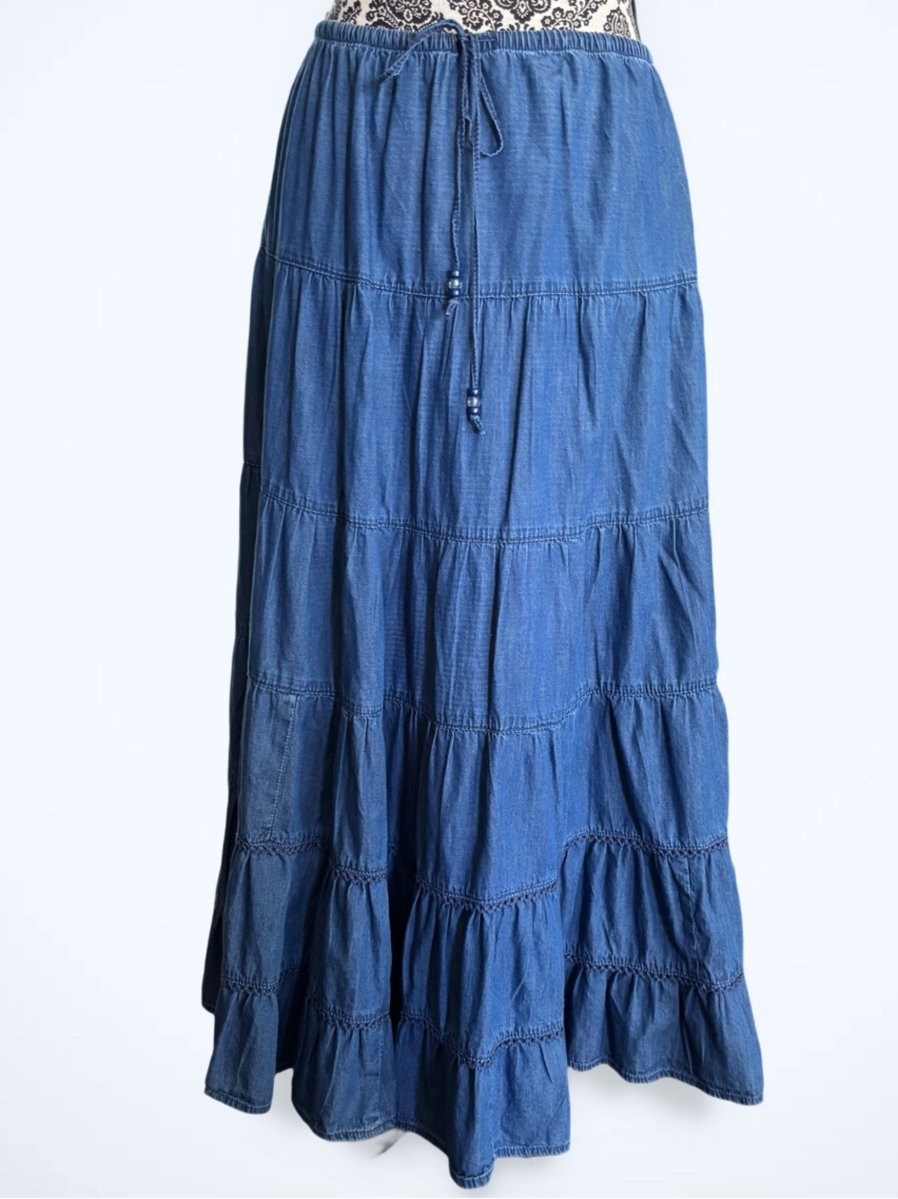 VTG White Stag Chambray Denim Tiered Maxi Skirt L Pull On Prairie Cottagecore - Picture 3 of 9